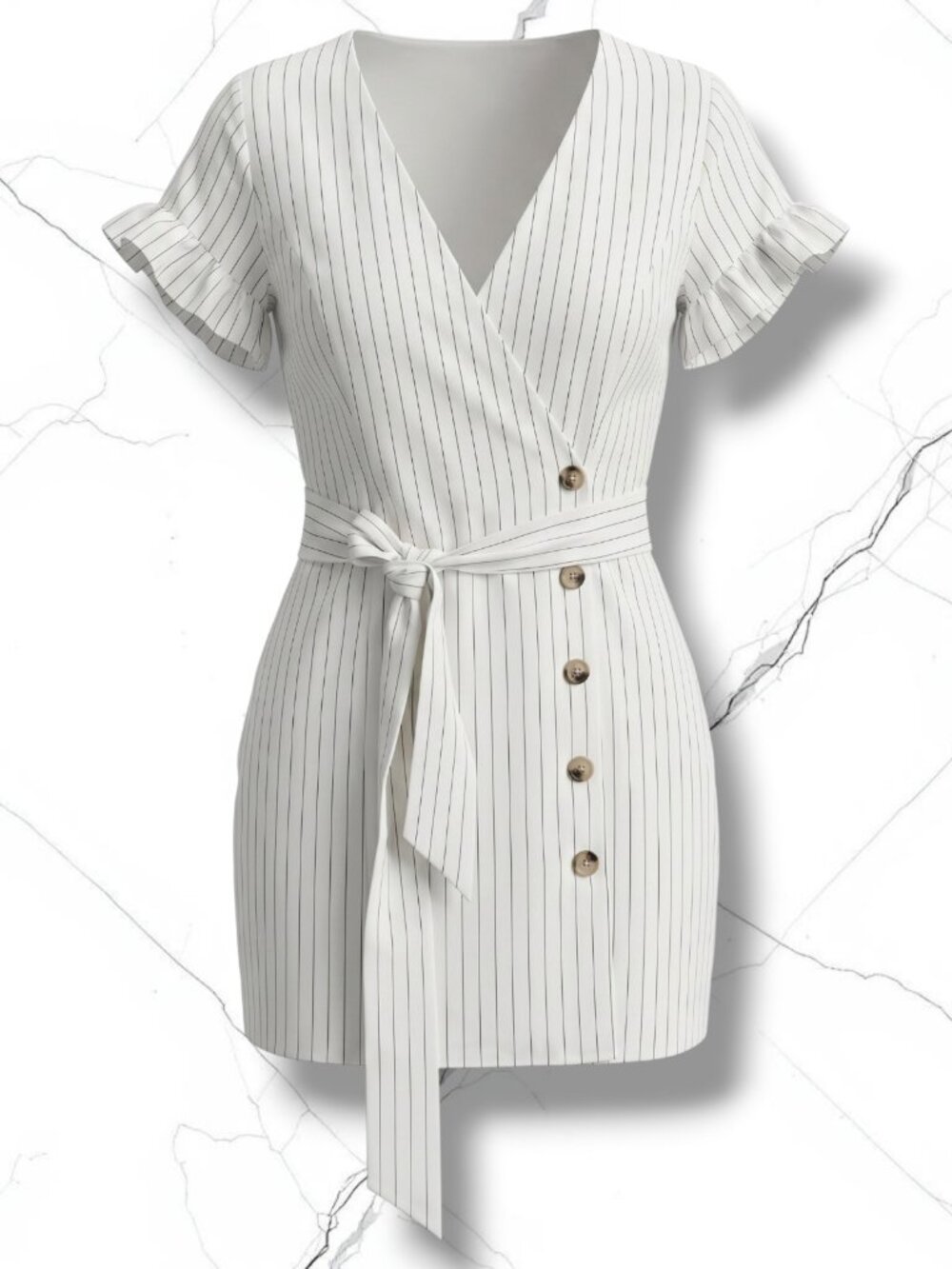 L'Academie Pinstripe Ruffle Sleeve Wrap Mini Dress Cream Size S NWT